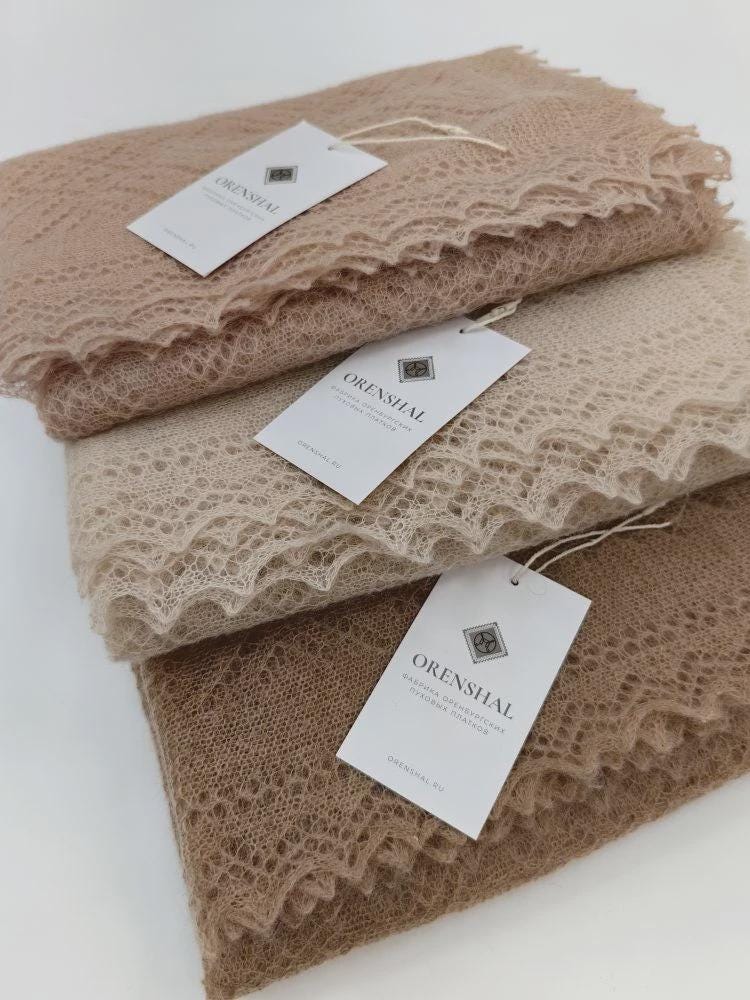 Authentic Orenburg lace-patterned down shawl, dark beige