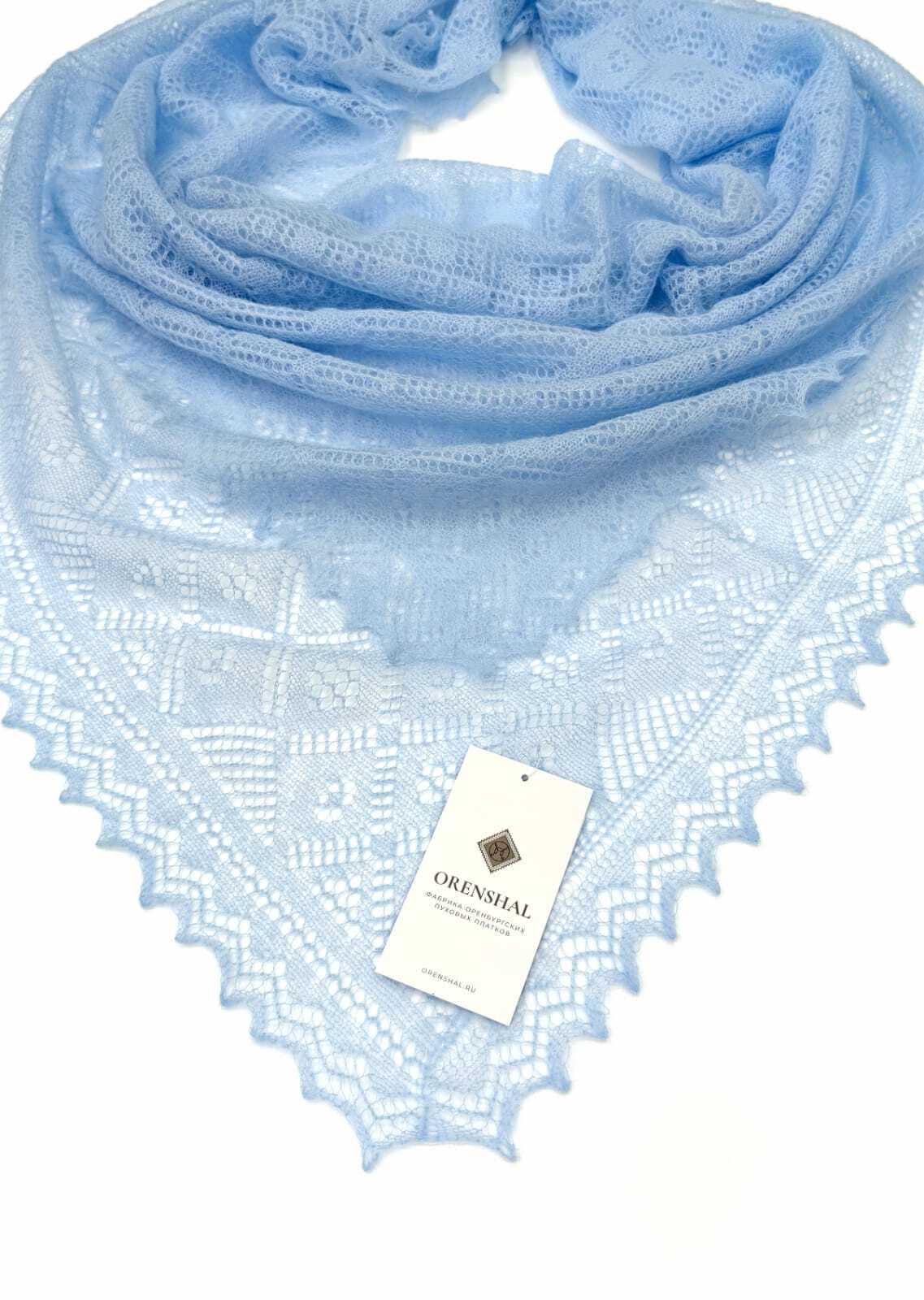 Authentic Orenburg lace-patterned down shawl, color blue