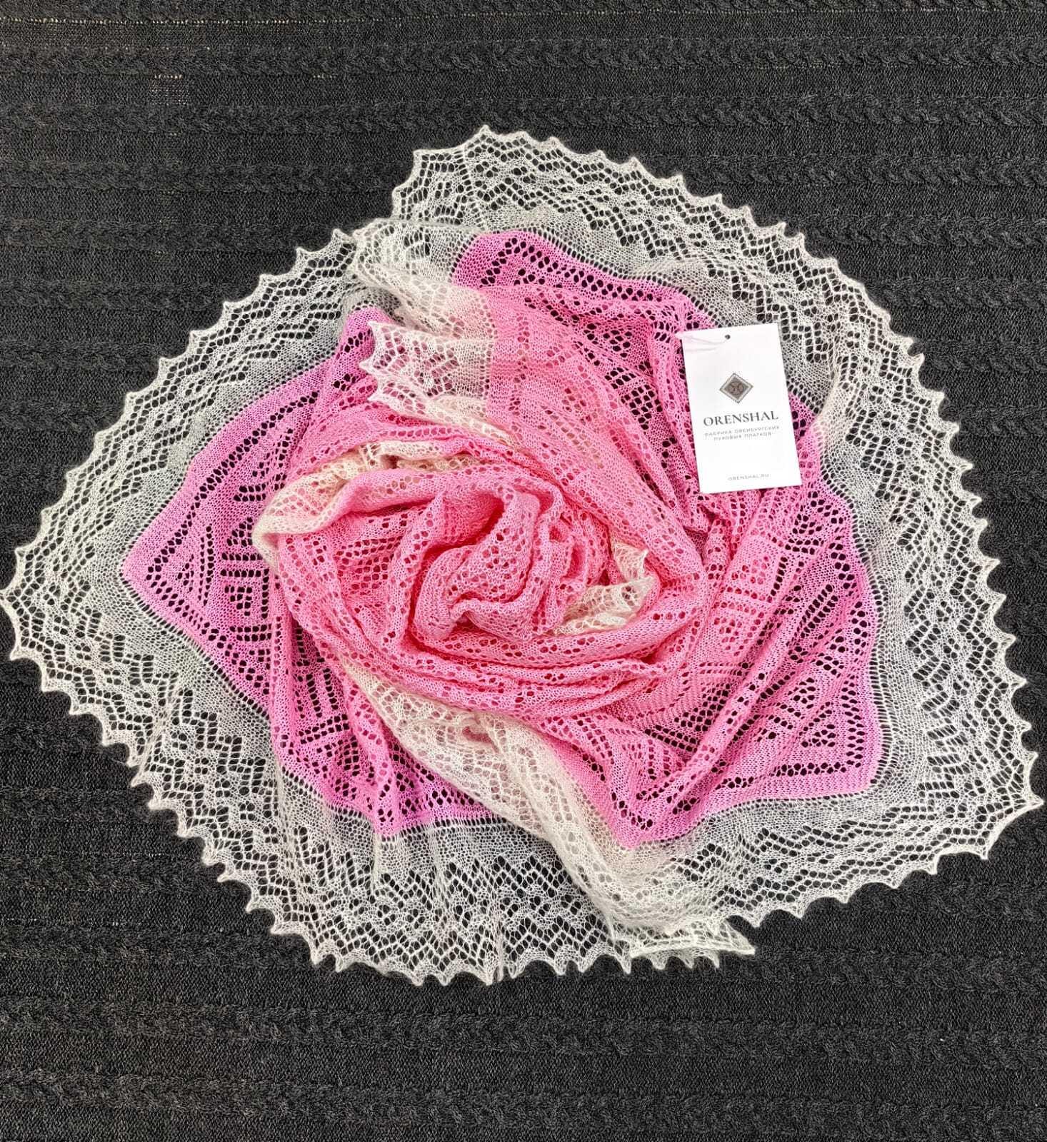 Authentic Orenburg Lace Summer Stole — Lightweight Cotton and Goat Down Scarf — Dusty Rose & Ecru