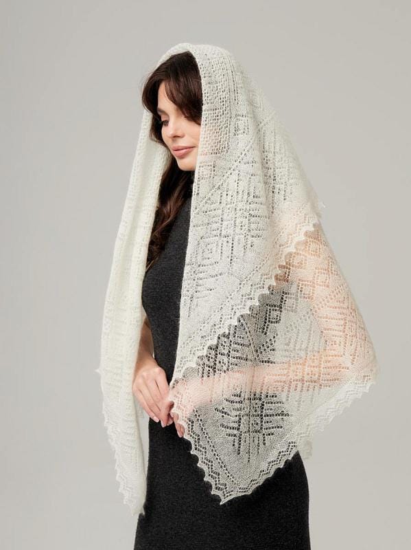 Authentic Orenburg lace-patterned down shawl, color ecru