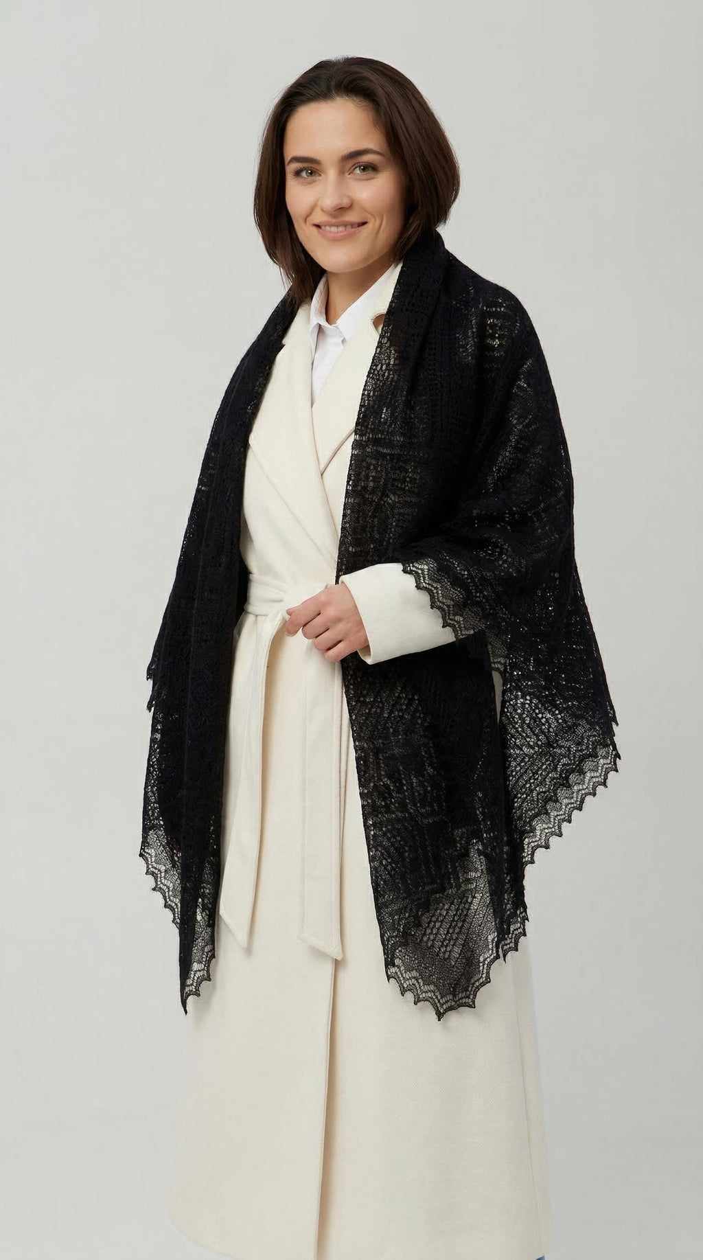 Authentic Orenburg lace-patterned down shawl, color black