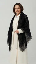 Authentic Orenburg lace-patterned down shawl, color black
