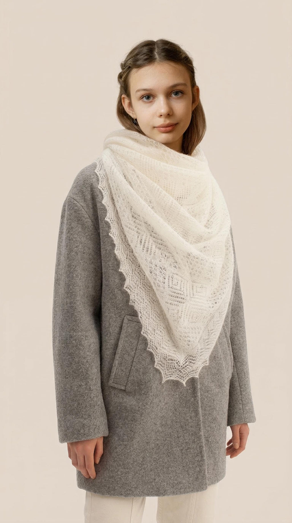 Authentic Orenburg Lace Down Shawl with Natural Silk, color ecru