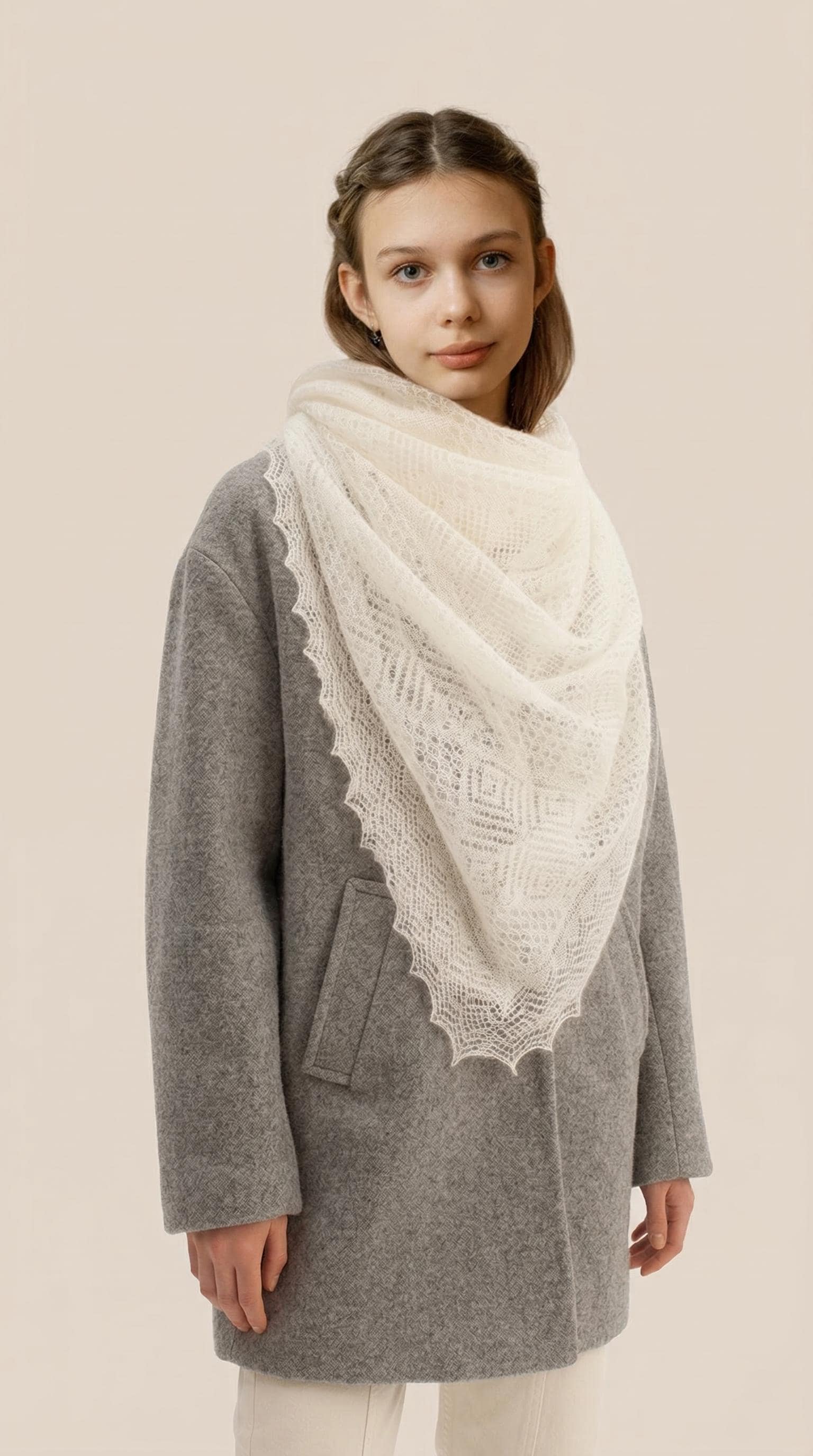 Authentic Orenburg Lace Down Shawl with Natural Silk, color ecru