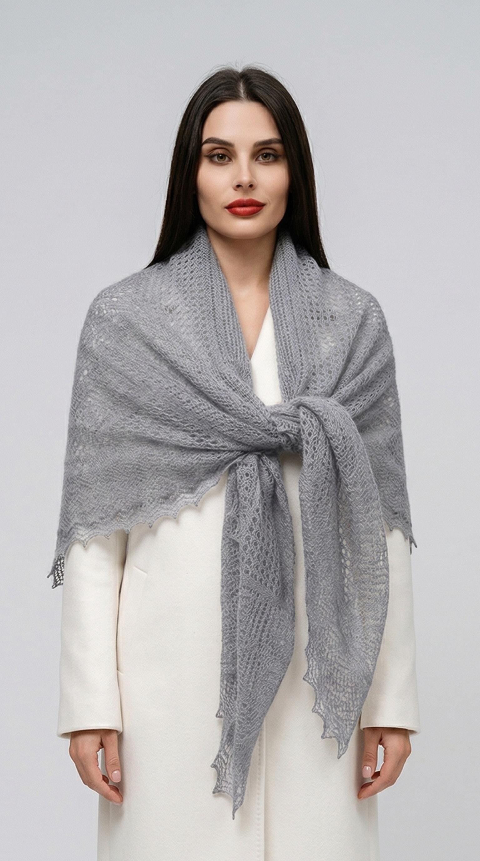 Authentic Orenburg Lace Down Shawl with Natural Silk, color Natural Grey