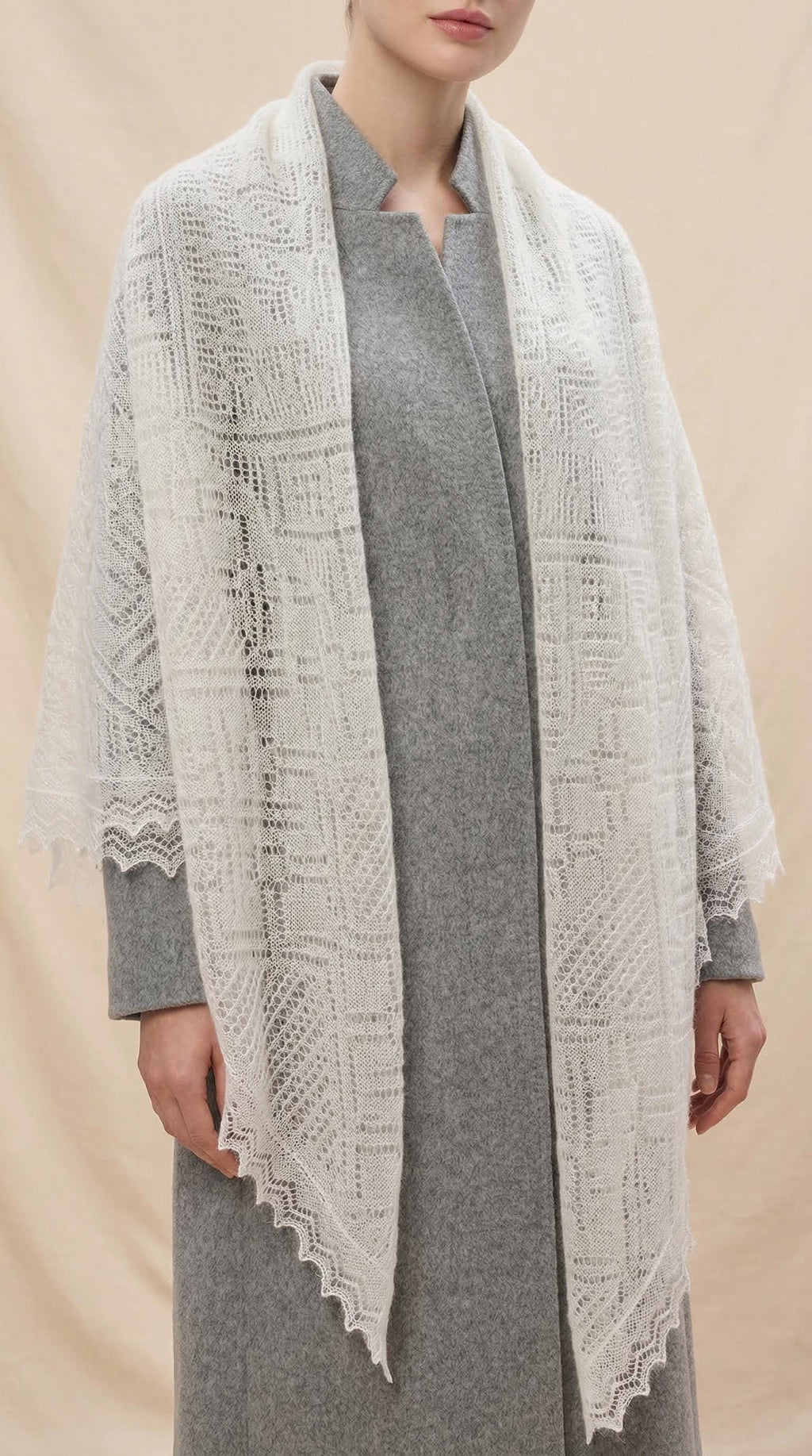 Authentic Orenburg lace-patterned down shawl, color white
