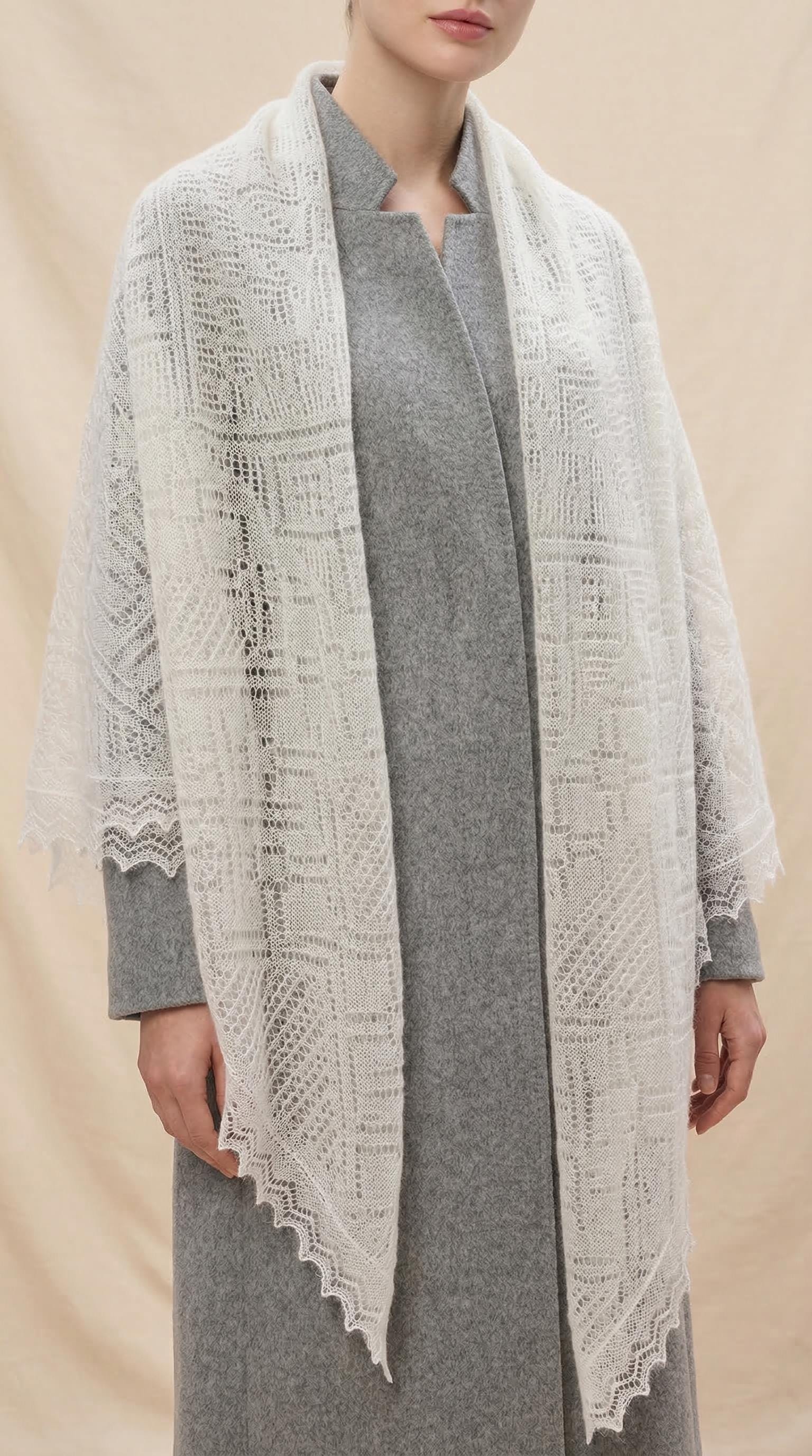 Authentic Orenburg lace-patterned down shawl, color white