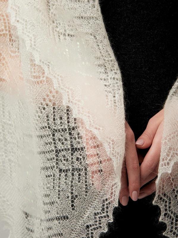 Authentic Orenburg lace-patterned down shawl, color ecru