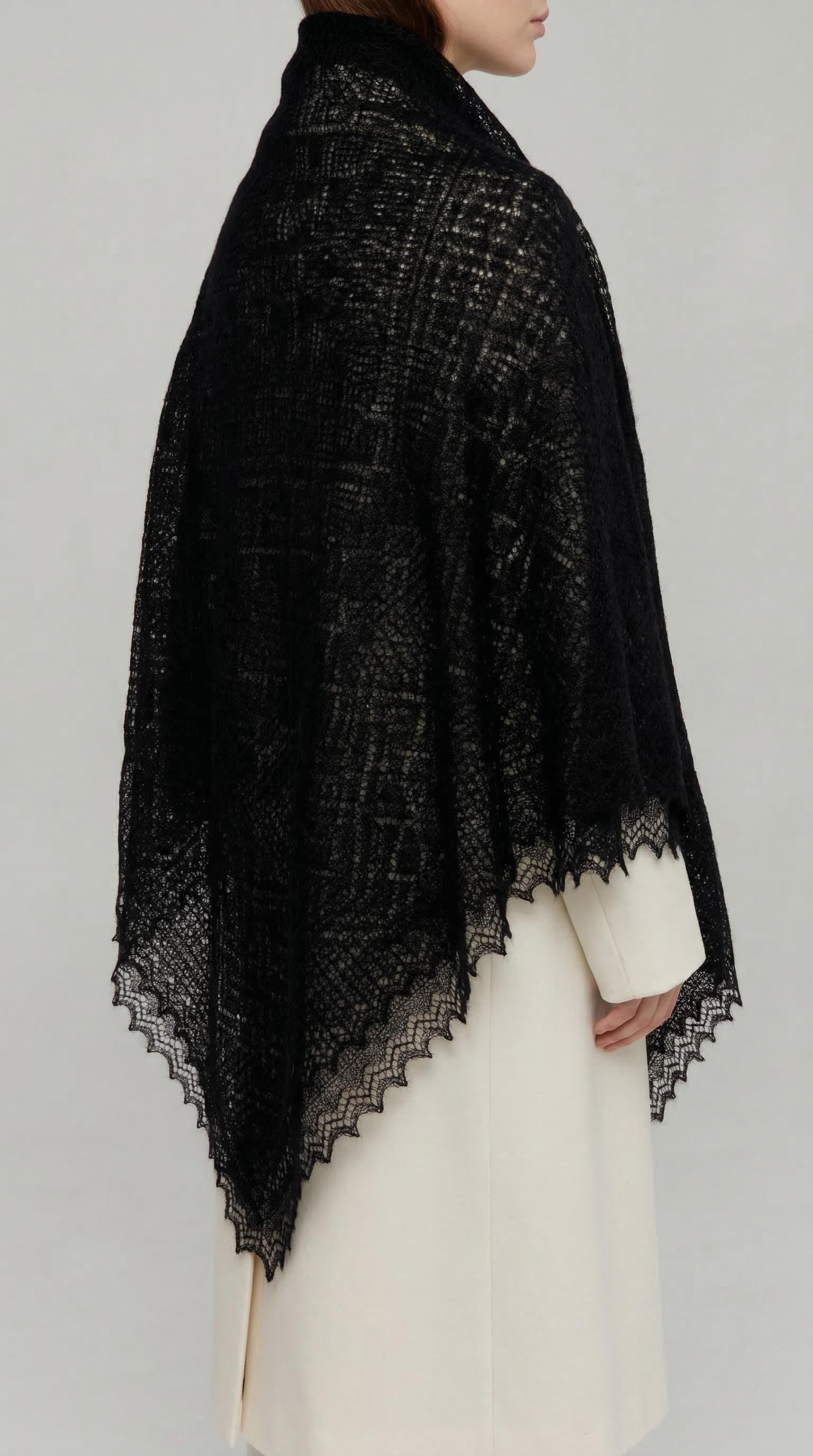 Authentic Orenburg lace-patterned down shawl, color black