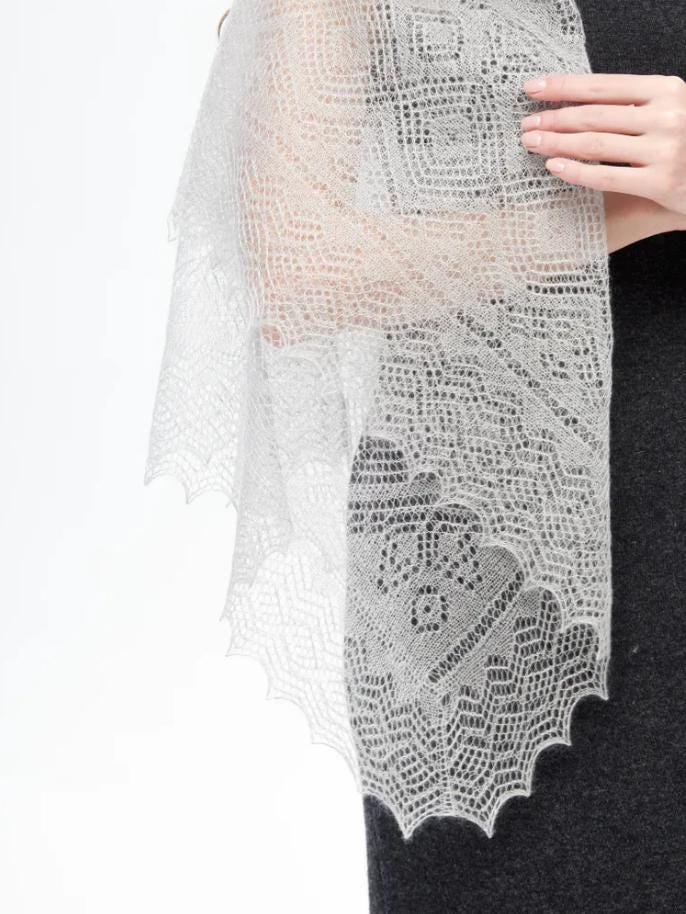 Authentic Orenburg Lace Down Shawl with Natural Silk, color Natural Grey