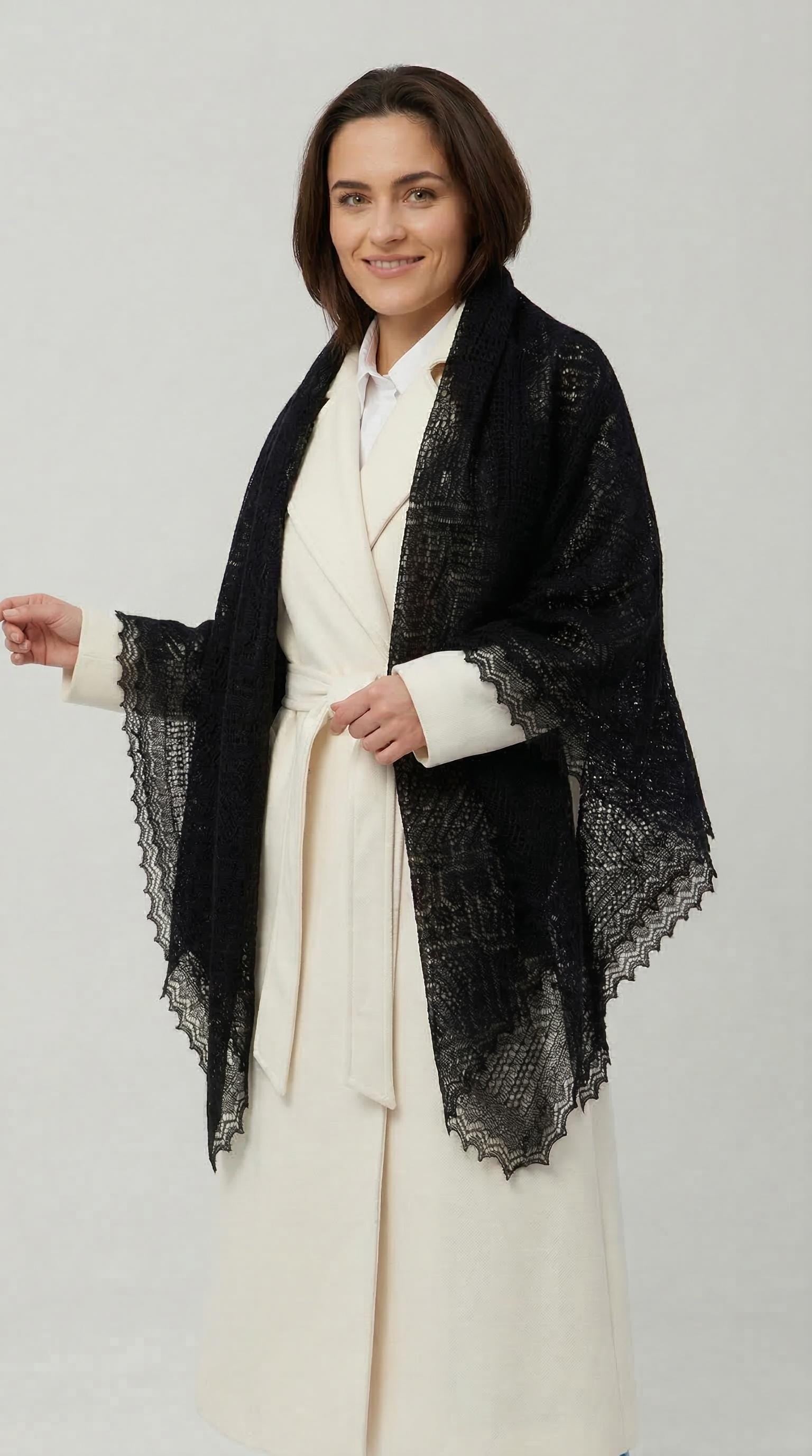 Authentic Orenburg lace-patterned down shawl, color black