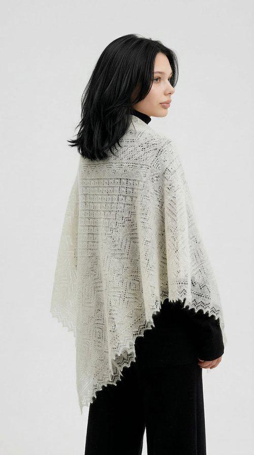 Authentic Orenburg lace-patterned down shawl, ecru.