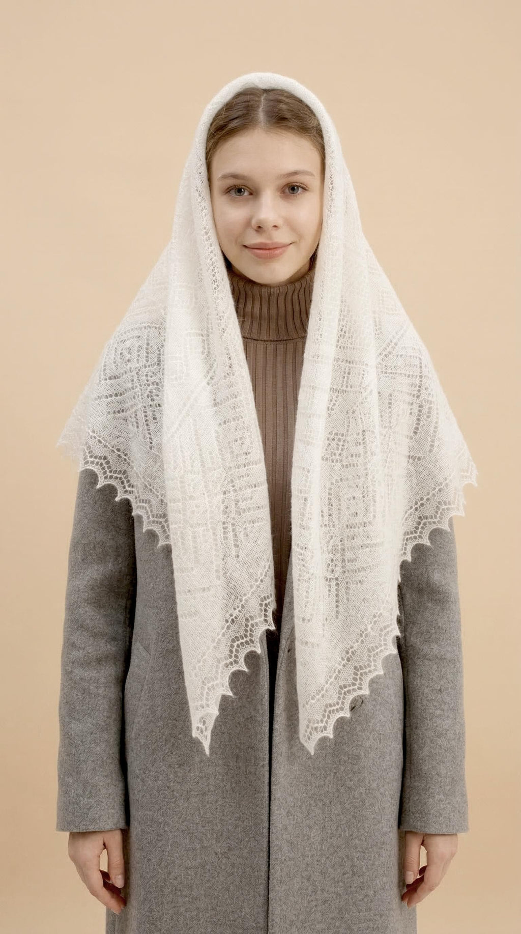 Authentic Orenburg Lace Down Shawl with Natural Silk, color ecru