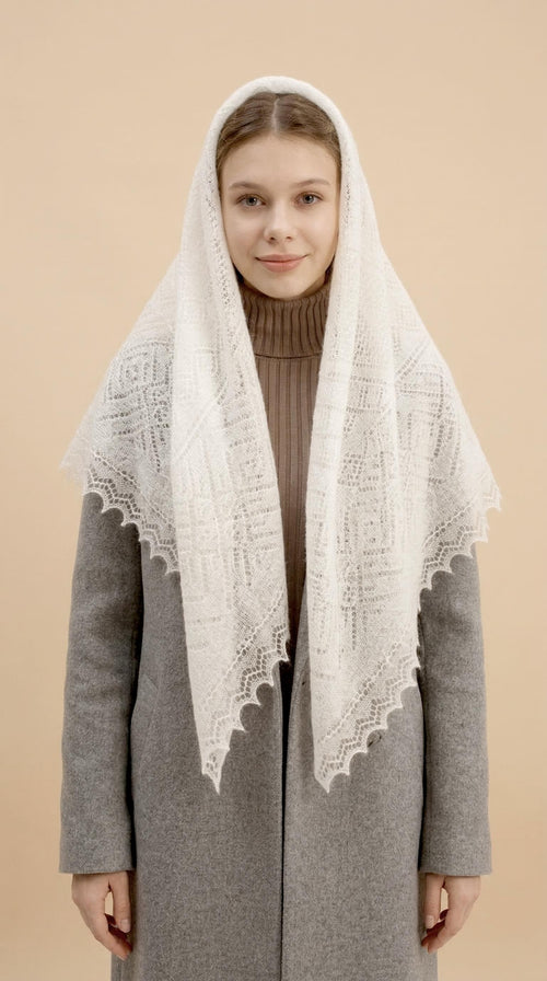Authentic Orenburg Lace Down Shawl with Natural Silk, color ecru