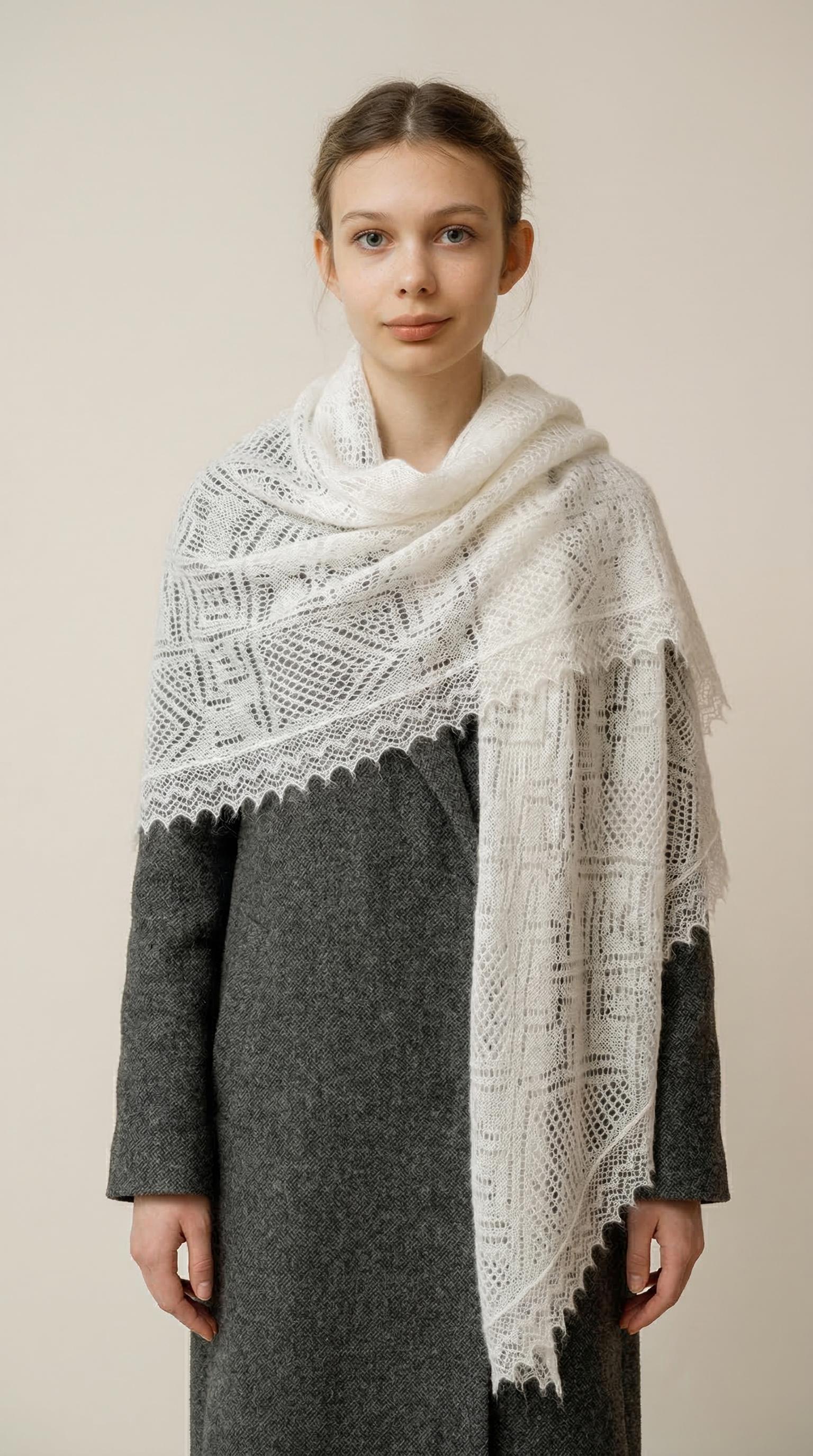Authentic Orenburg lace-patterned down shawl, color white