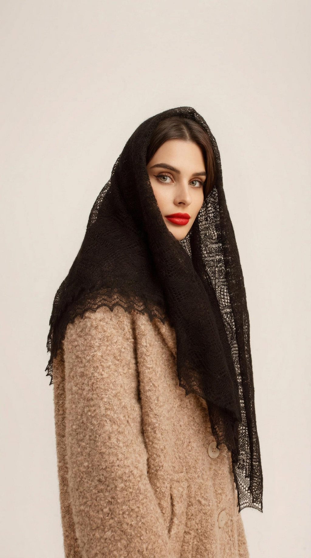 Authentic Orenburg lace-patterned down shawl, color black
