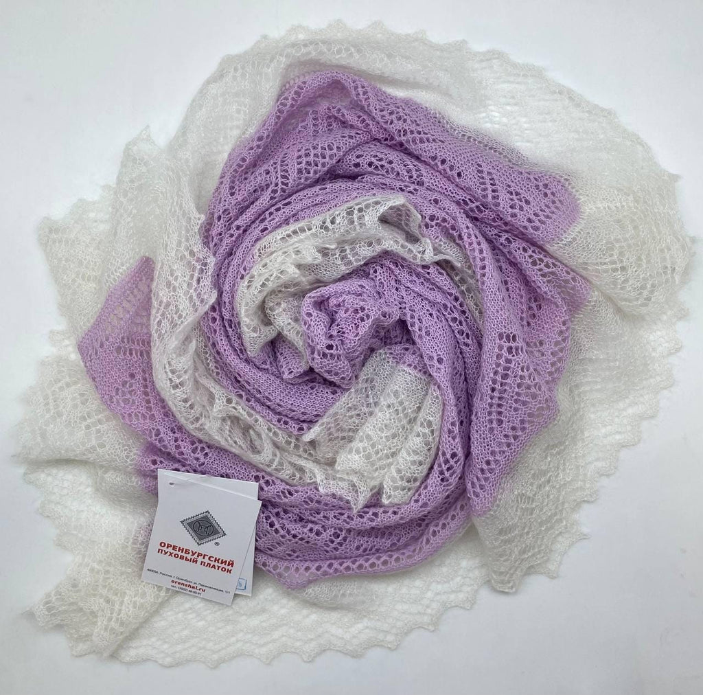 Authentic Orenburg Lace Summer Stole — Lightweight Cotton and Goat Down Scarf — Violet & Ecru