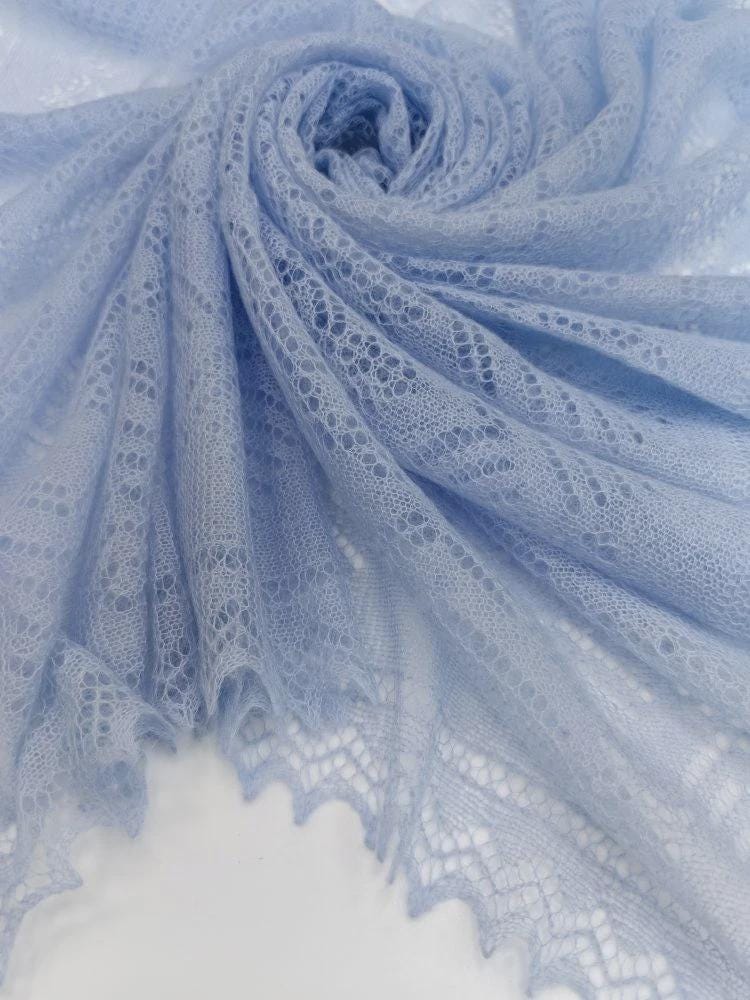 Authentic Orenburg lace-patterned down shawl, color blue