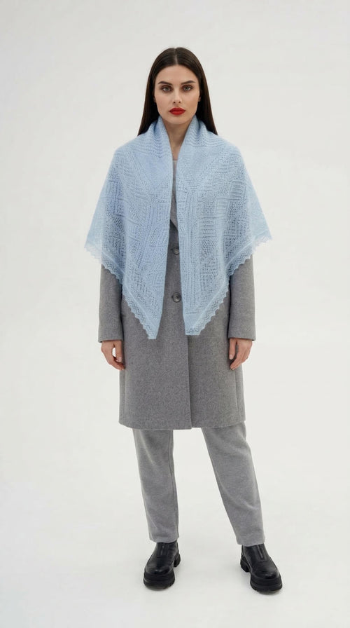 Authentic Orenburg gossamer lace shawl with subtle lurex shimmer, color Sky Blue