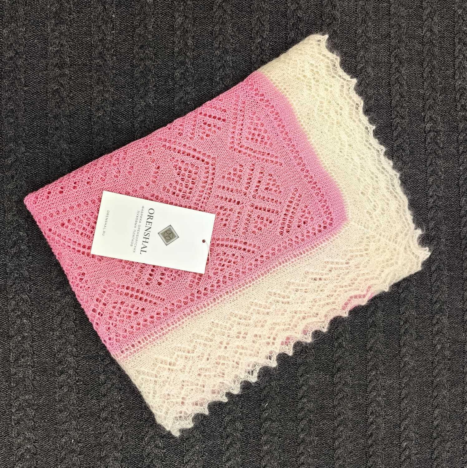 Authentic Orenburg Lace Summer Stole — Lightweight Cotton and Goat Down Scarf — Dusty Rose & Ecru
