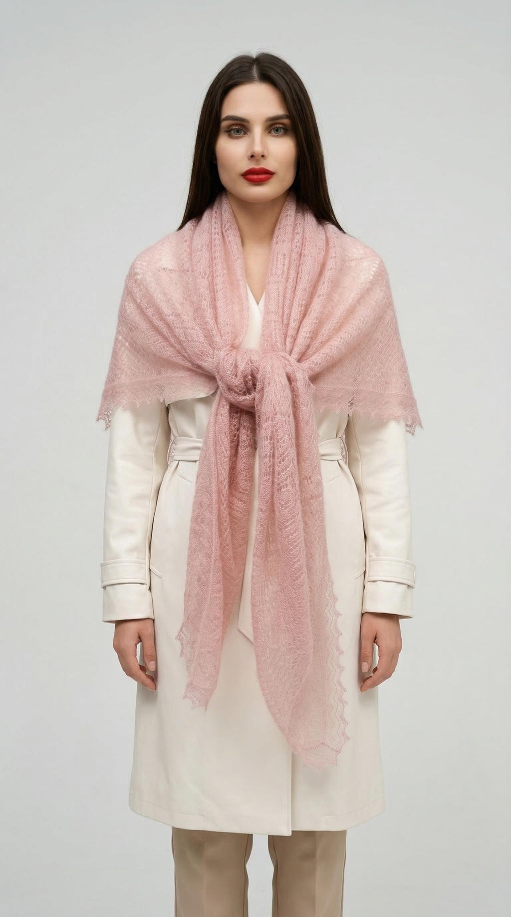Authentic Orenburg lace-patterned down shawl, color magnolia