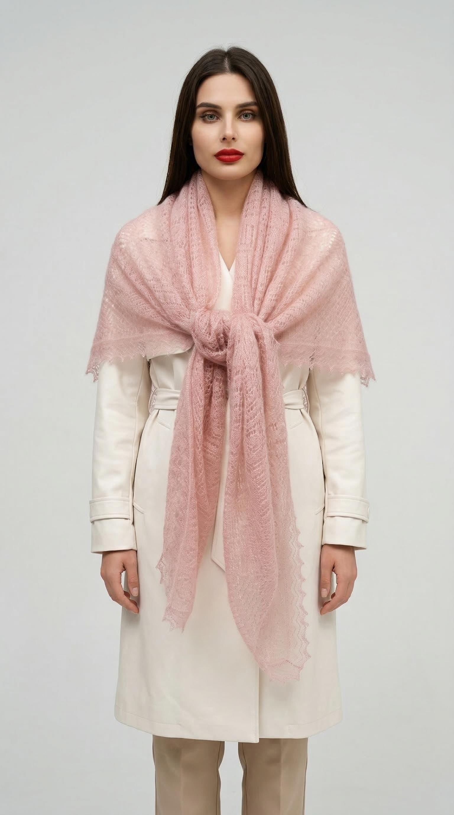 Authentic Orenburg lace-patterned down shawl, color magnolia