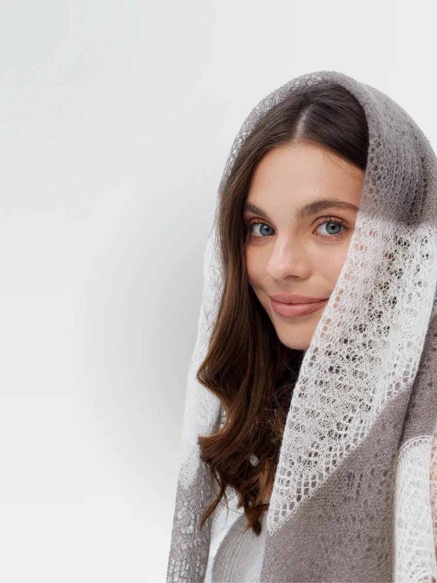 Orenburg Lace Down Shawl, Dove Grey/Ivory